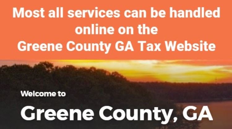 Sunset with the text Greene County Ga Tax Website