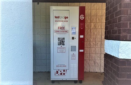 White and Red Kiosk for COVID-19 and Flu Testing